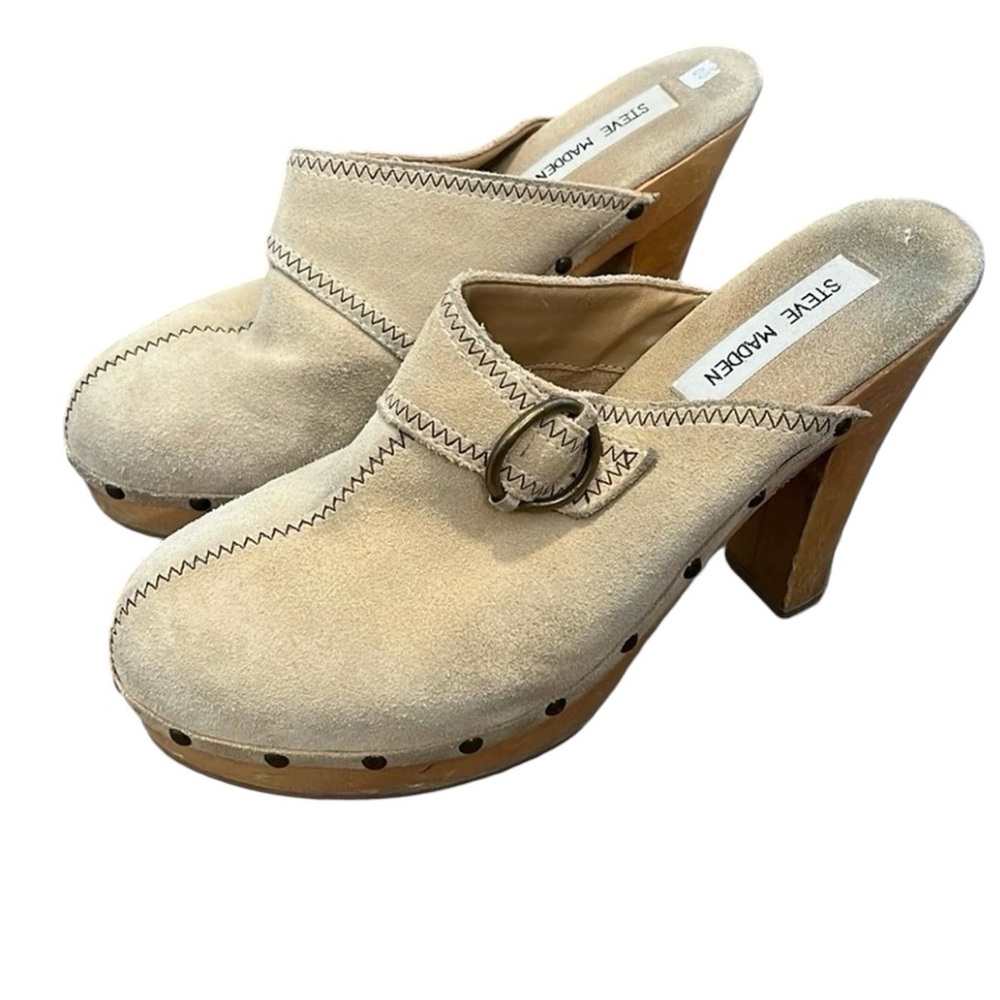 Steve Madden- Beige Faris Leather Platform Slip On Clog Heels Size 8B